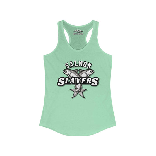 A light green Salmon Slayers - Twin Salmon - Women's Racerback Tank Top featuring a high-quality print of two illustrated salmons crossed in the center. Above the fish, the text reads "SALMON" and below it, "SLAYERS" in bold, white-edged letters. The slim fit tank top has a casual and sporty design suitable for everyday wear.