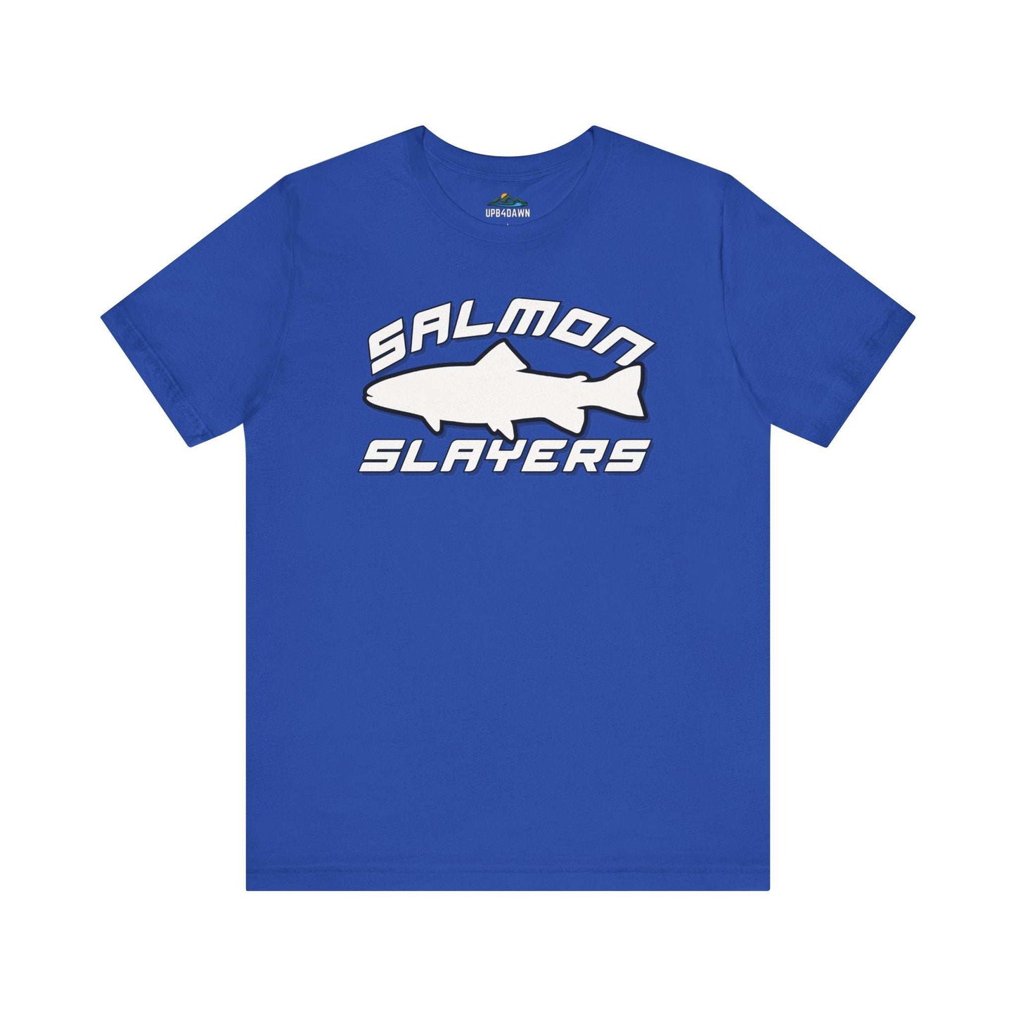 The Slamon Slayers - Sport - T-Shirt boasts a bold graphic design with a white silhouette of a fish at the center. Made from soft Airlume cotton, it features the text "Salmon Slayers" in a sporty, block-style font above and below the fish.