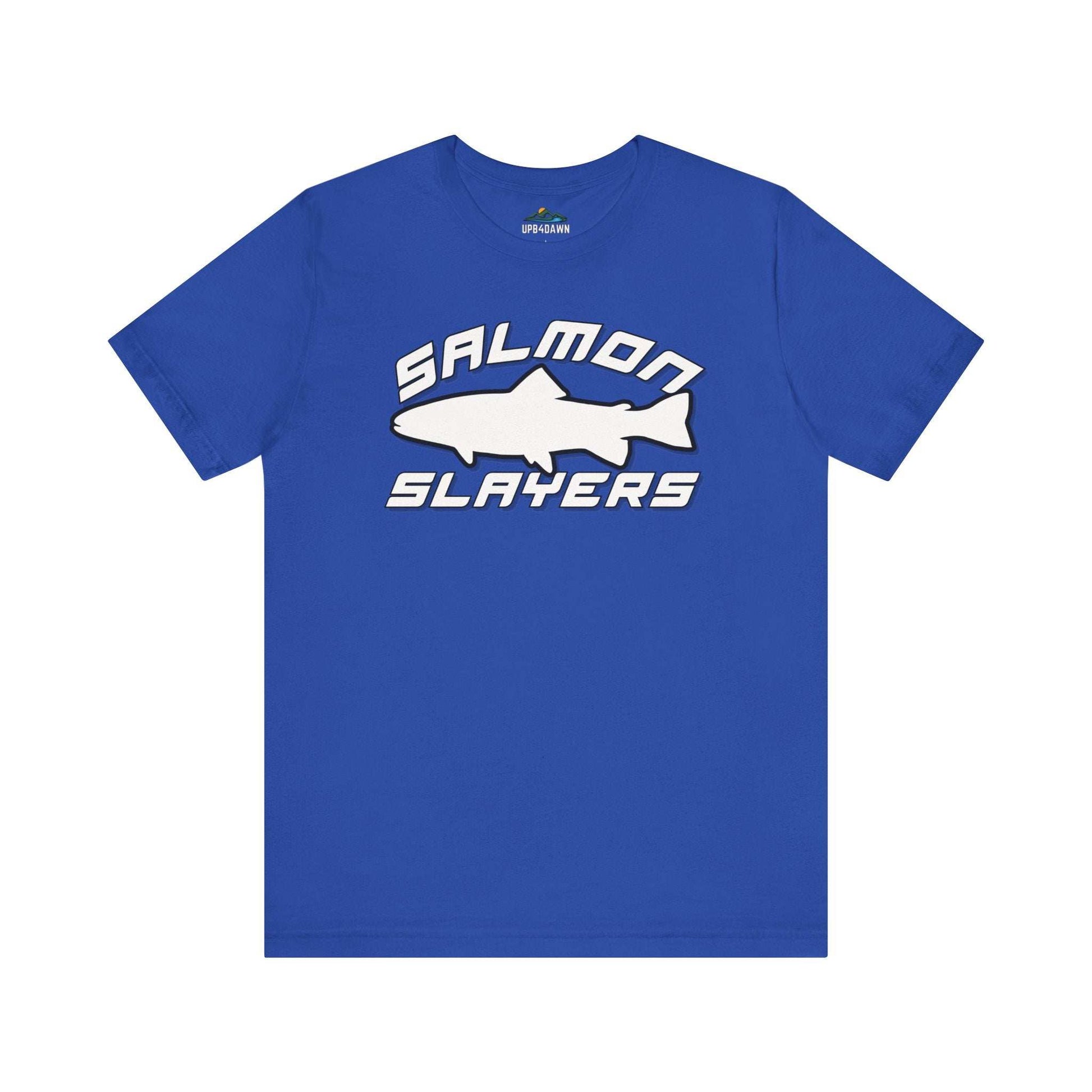 The Slamon Slayers - Sport - T-Shirt boasts a bold graphic design with a white silhouette of a fish at the center. Made from soft Airlume cotton, it features the text "Salmon Slayers" in a sporty, block-style font above and below the fish.