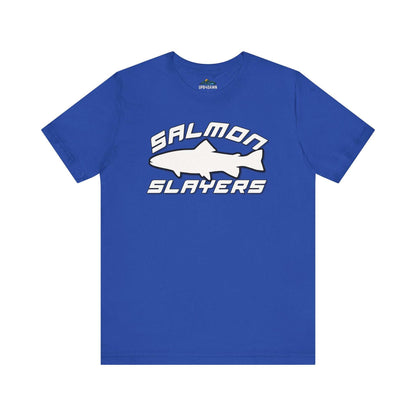 The Slamon Slayers - Sport - T-Shirt boasts a bold graphic design with a white silhouette of a fish at the center. Made from soft Airlume cotton, it features the text "Salmon Slayers" in a sporty, block-style font above and below the fish.