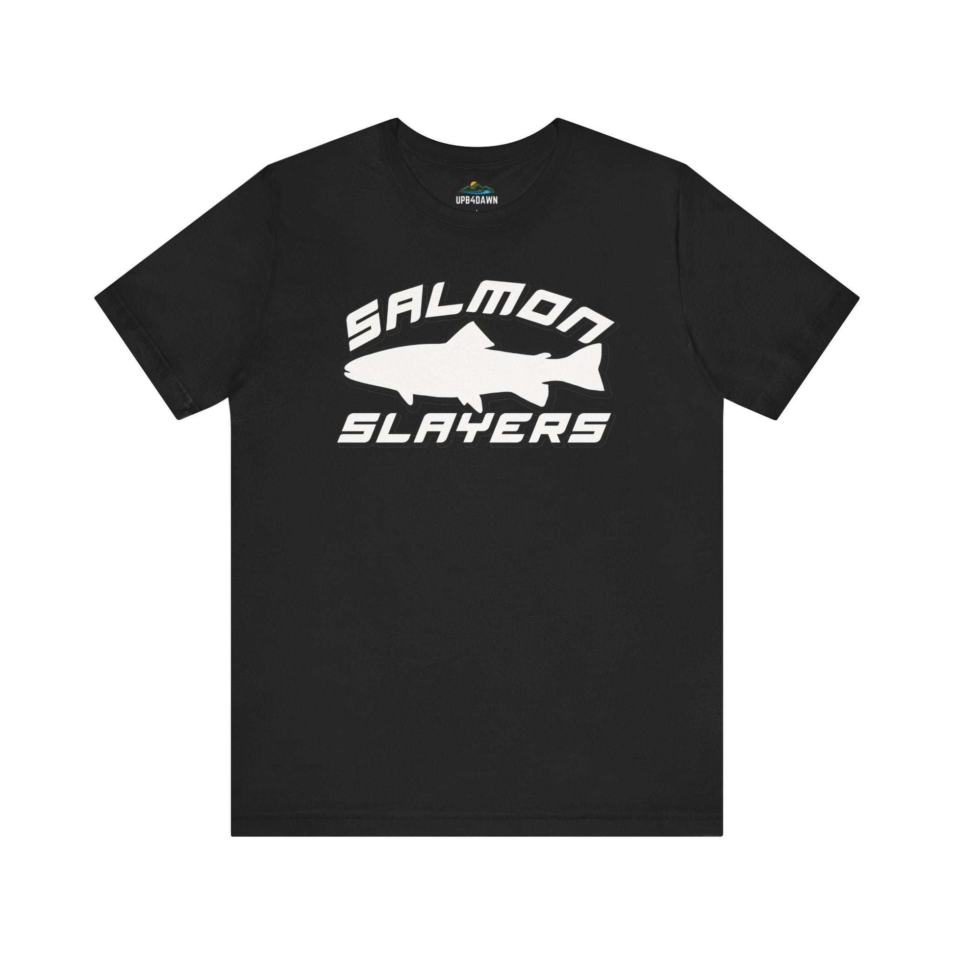 The Slamon Slayers - Sport - T-Shirt boasts a bold graphic design with a white silhouette of a fish at the center. Made from soft Airlume cotton, it features the text "Salmon Slayers" in a sporty, block-style font above and below the fish.