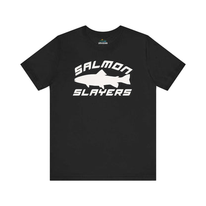 The Slamon Slayers - Sport - T-Shirt boasts a bold graphic design with a white silhouette of a fish at the center. Made from soft Airlume cotton, it features the text "Salmon Slayers" in a sporty, block-style font above and below the fish.