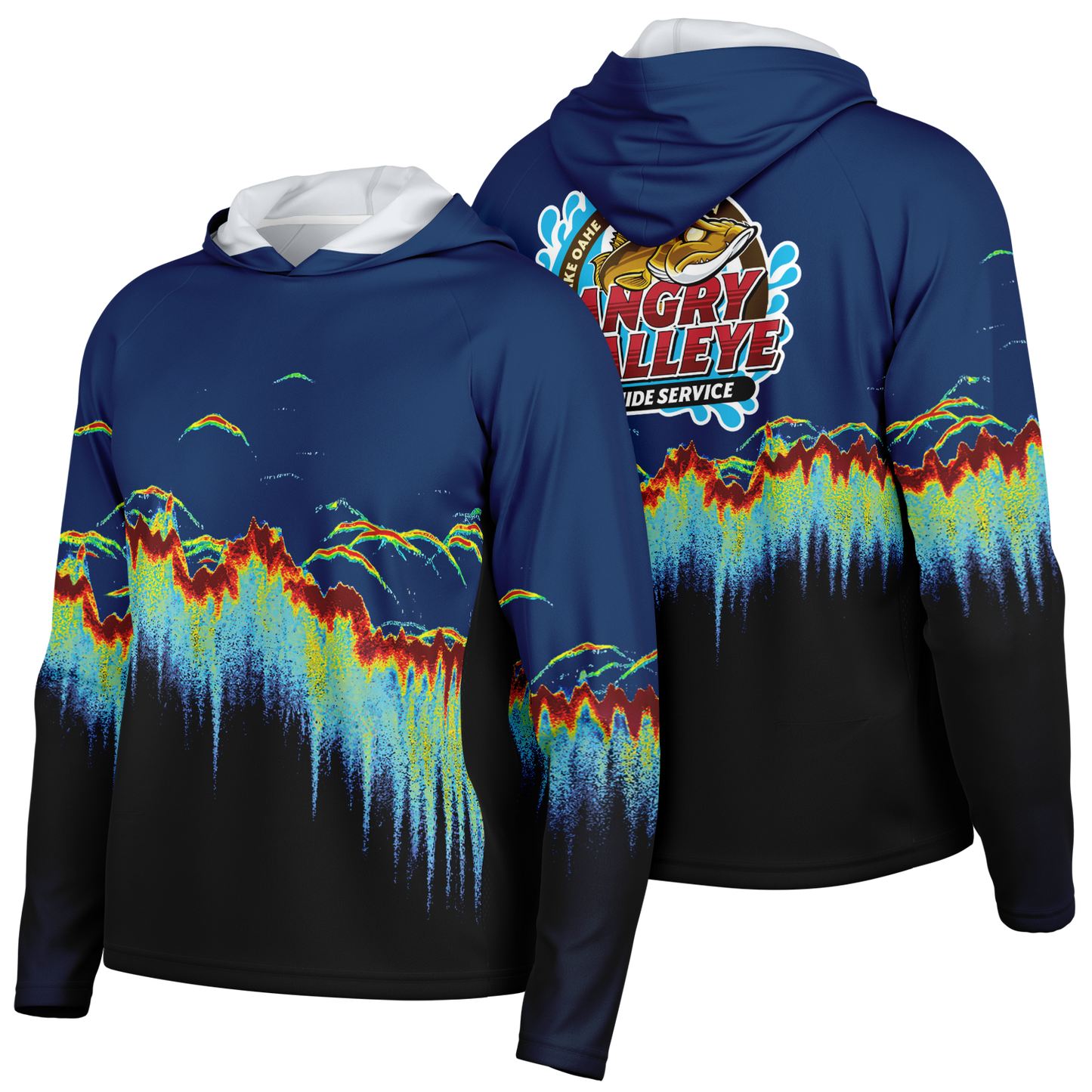 Angry Walleye - Sonar Scan Men's Long Sleeve Hooded Sun Protection Performance Shirt