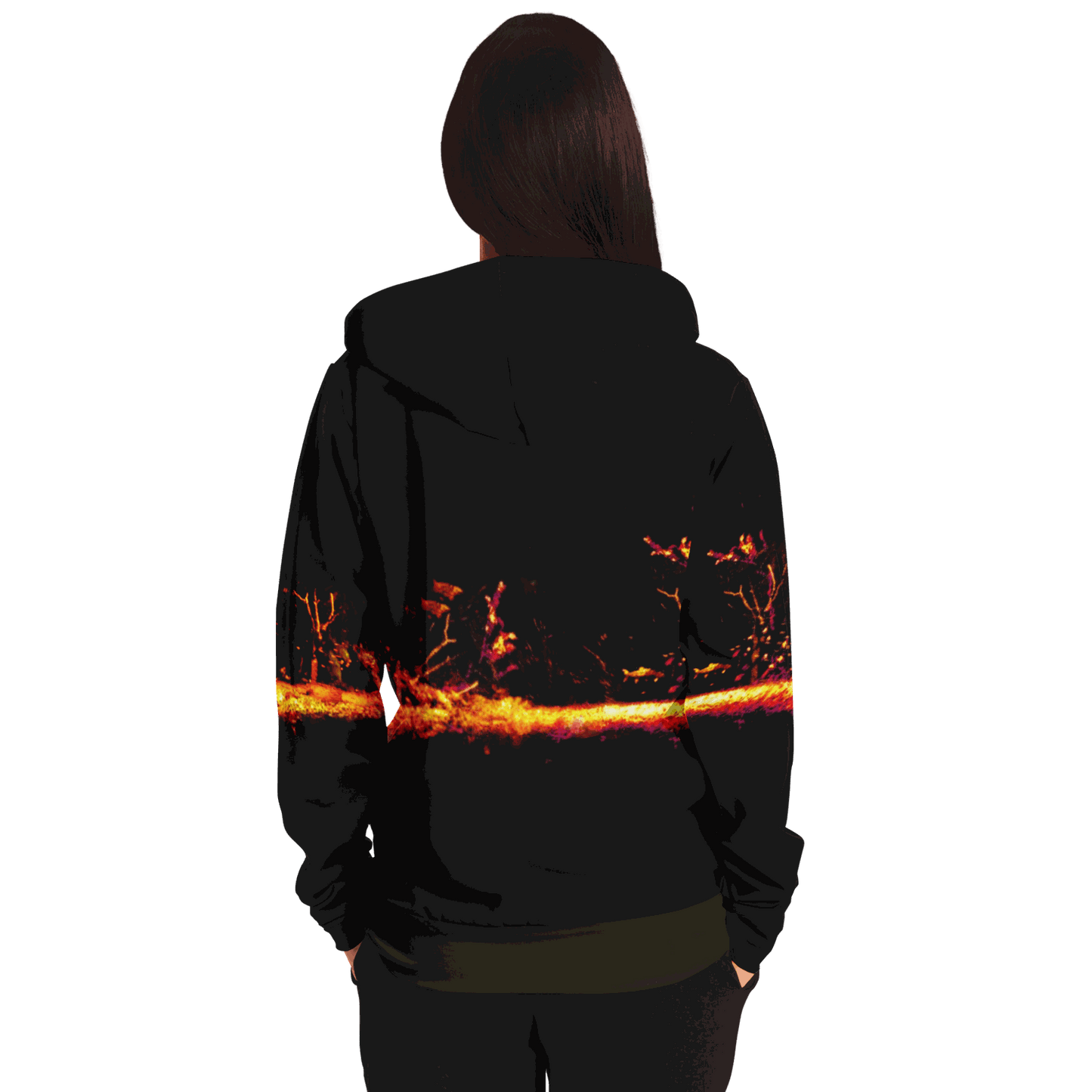 From the back, a long-haired person is seen wearing the Sonar Live Zip-Up Hoodie, which showcases a striking fiery abstract design across its back. The plain white background highlights the hoodie.