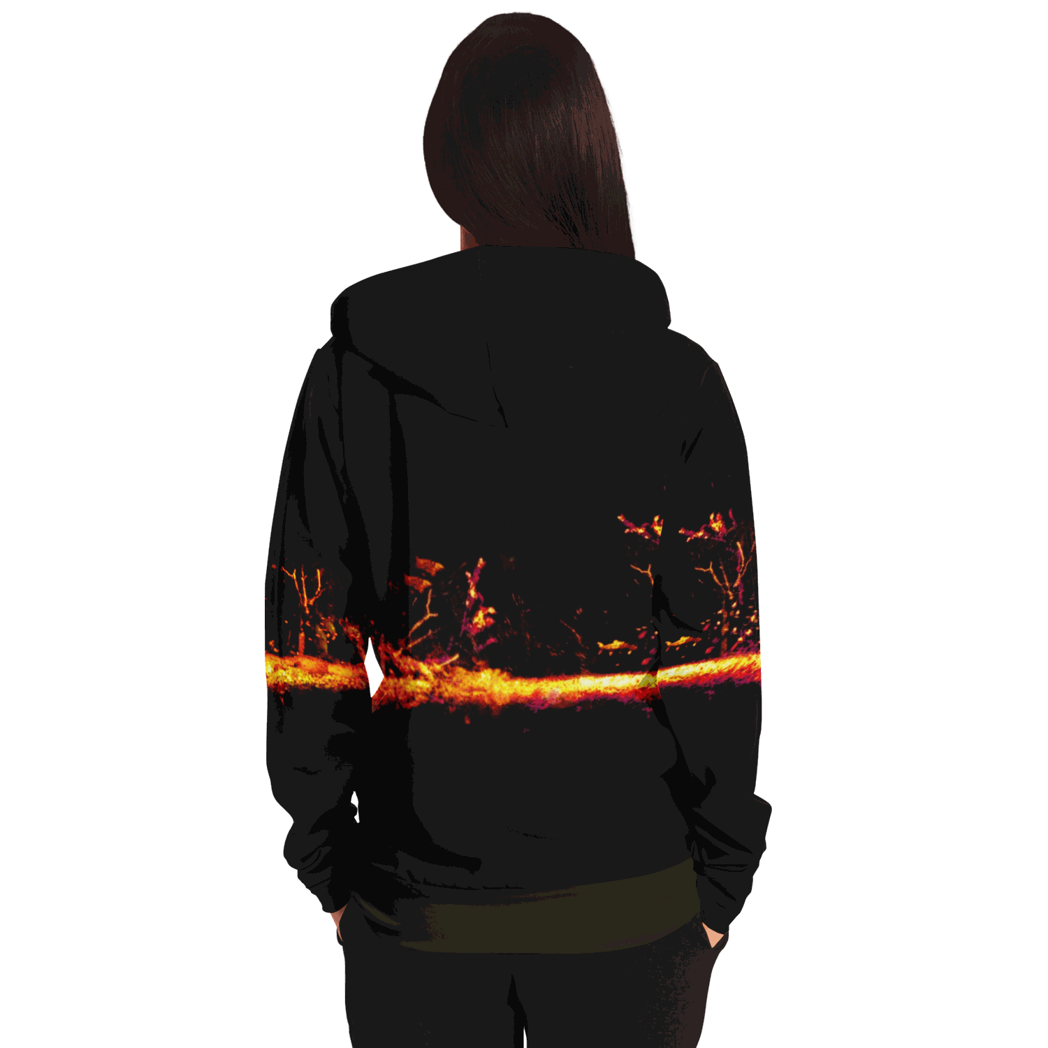 From the back, a long-haired person is seen wearing the Sonar Live Zip-Up Hoodie, which showcases a striking fiery abstract design across its back. The plain white background highlights the hoodie.