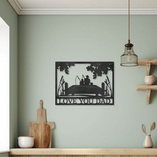 Customizable laser-cut steel sign featuring father and son fishing, titled "Fishing Buddies Monogram."
