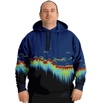 Plus-size Sonar Scan Hoodie with vibrant sonar screen pattern and front pocket.