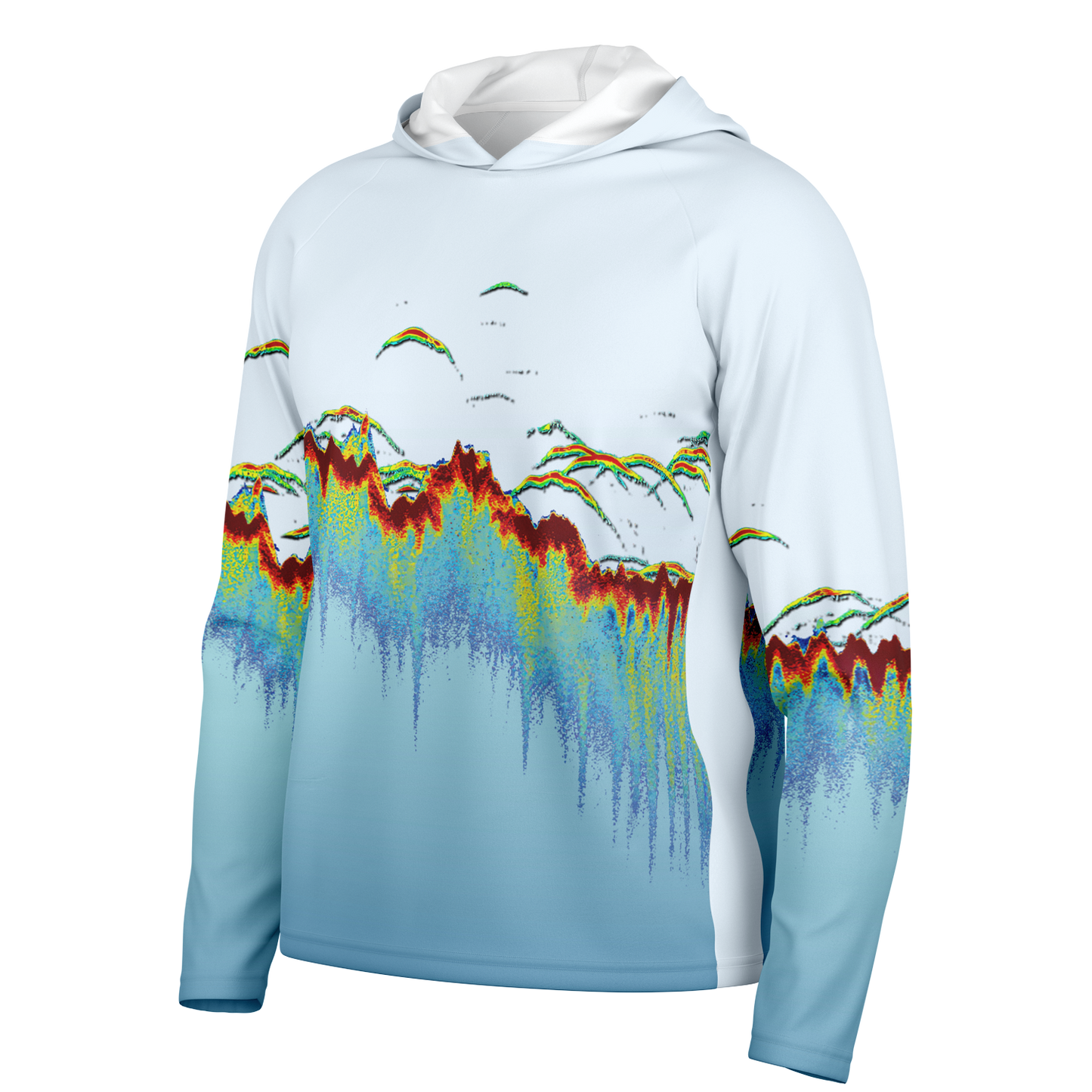 Angry Walleye - Men's Sonar Scan Light Blue LS Hooded Sun Protection Performance Shirt
