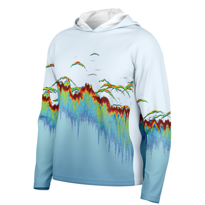Angry Walleye - Men's Sonar Scan Light Blue LS Hooded Sun Protection Performance Shirt