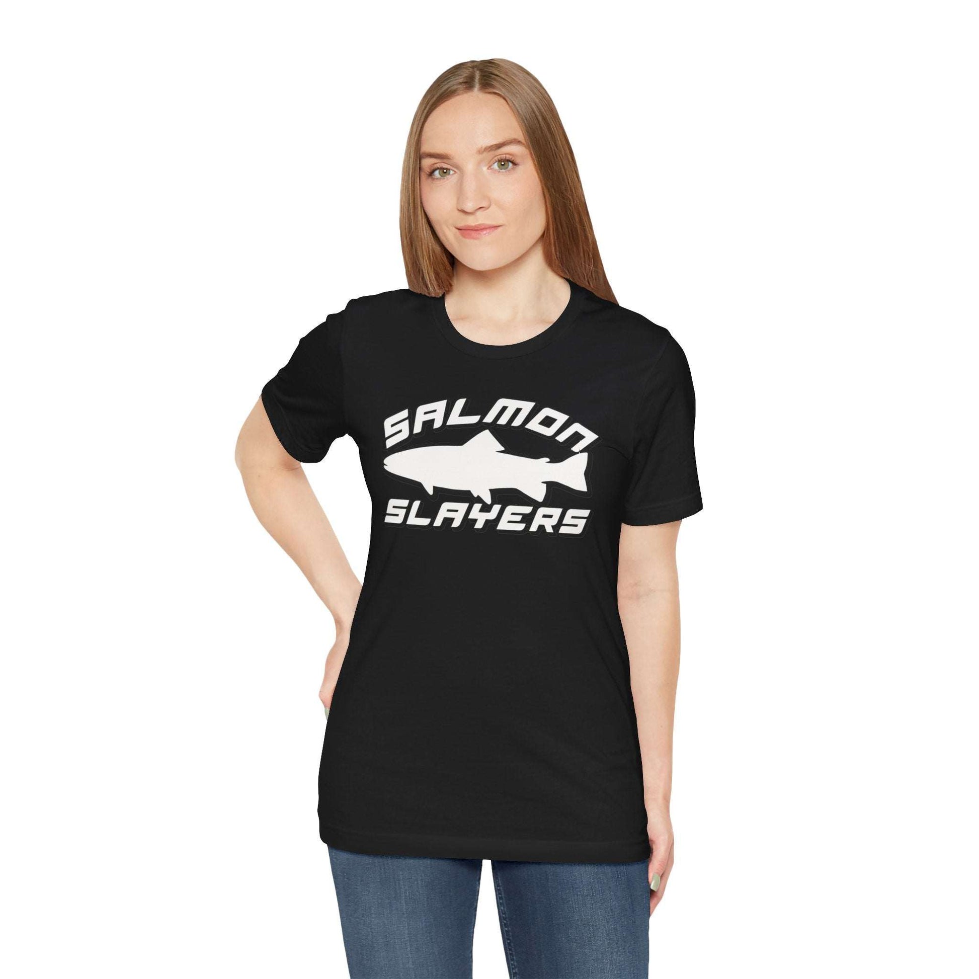 The Slamon Slayers - Sport - T-Shirt boasts a bold graphic design with a white silhouette of a fish at the center. Made from soft Airlume cotton, it features the text "Salmon Slayers" in a sporty, block-style font above and below the fish.