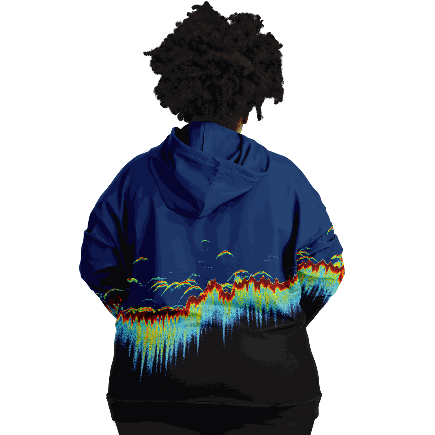 Plus-size Sonar Scan Hoodie with vibrant sonar screen pattern, designed for fishing enthusiasts, featuring tri-blend fabric and double-layer hood.