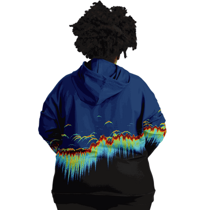 Plus-size Sonar Scan Hoodie with vibrant sonar screen pattern, designed for fishing enthusiasts, featuring tri-blend fabric and double-layer hood.