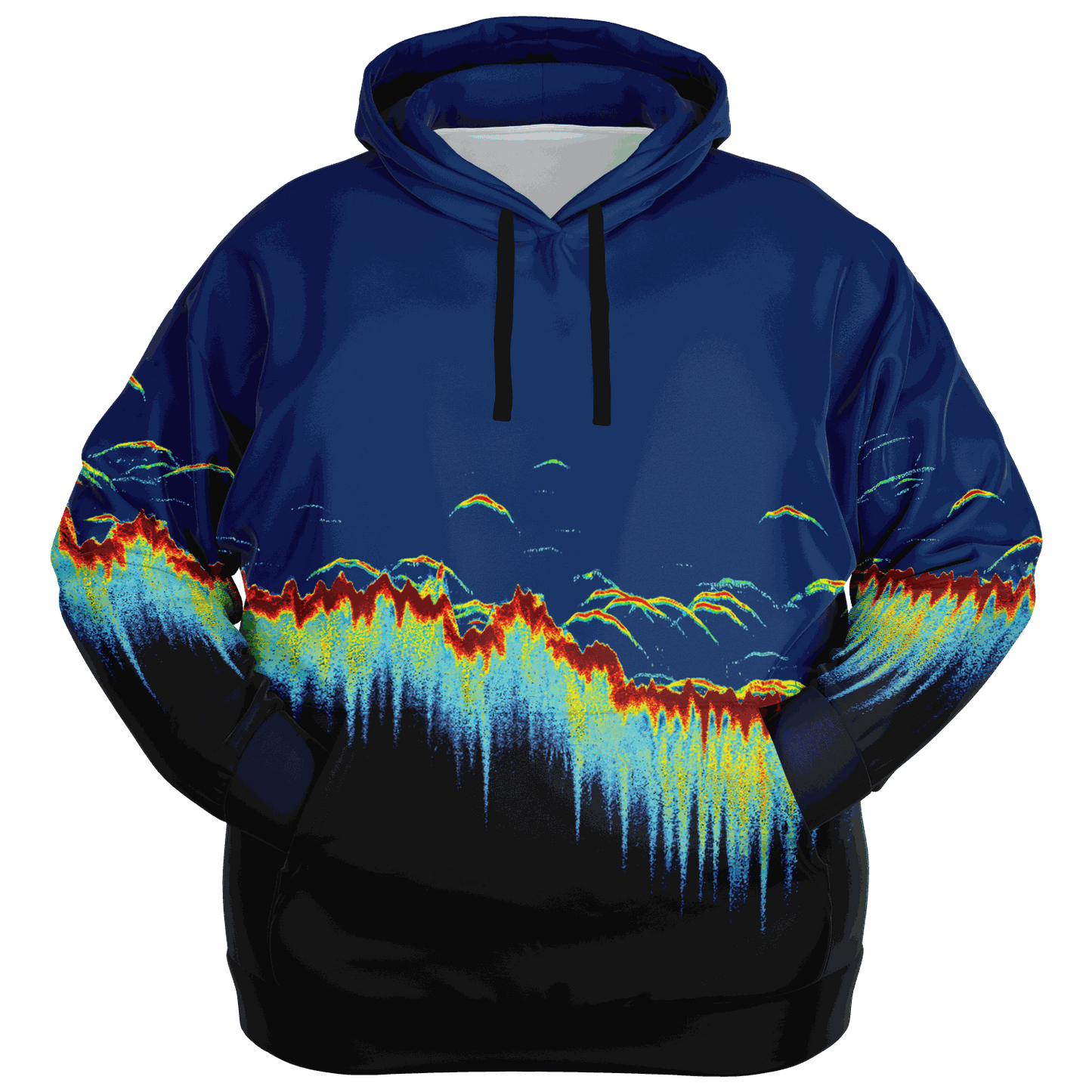 Plus-size sonar scan hoodie with vibrant fishing sonar pattern and pocket.