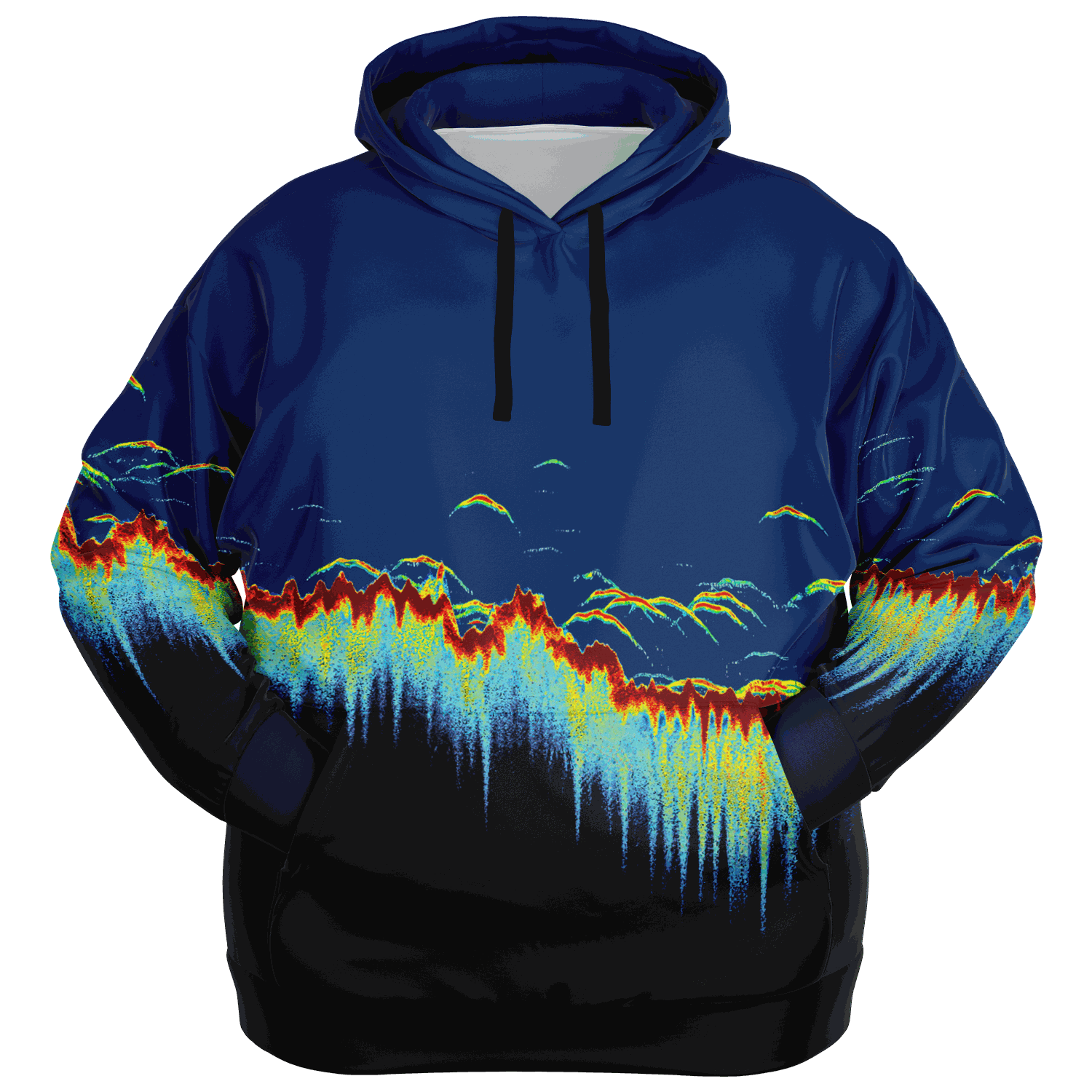 Plus-size sonar scan hoodie with vibrant fishing sonar pattern and pocket.