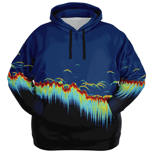 Plus-size sonar scan hoodie with vibrant fishing sonar pattern and pocket.