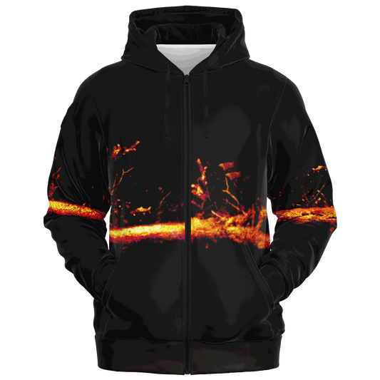 The Sonar Live Zip-Up Hoodie showcases a fiery orange and red abstract design across the chest and sleeves, offering a striking contrast against the dark fabric. The design evokes the appearance of glowing embers or a burning sunset.
