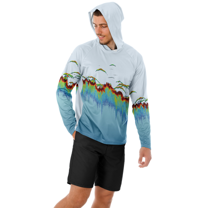 Angry Walleye - Men's Sonar Scan Light Blue LS Hooded Sun Protection Performance Shirt