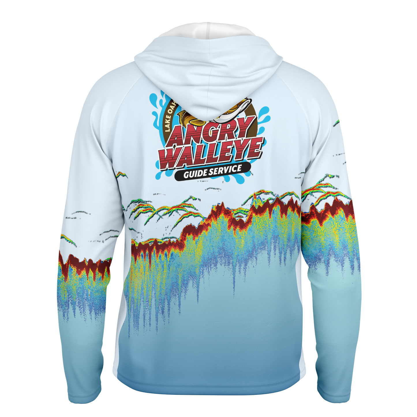 Angry Walleye - Men's Sonar Scan Light Blue LS Hooded Sun Protection Performance Shirt