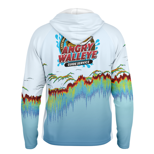 Angry Walleye - Men's Sonar Scan Light Blue LS Hooded Sun Protection Performance Shirt