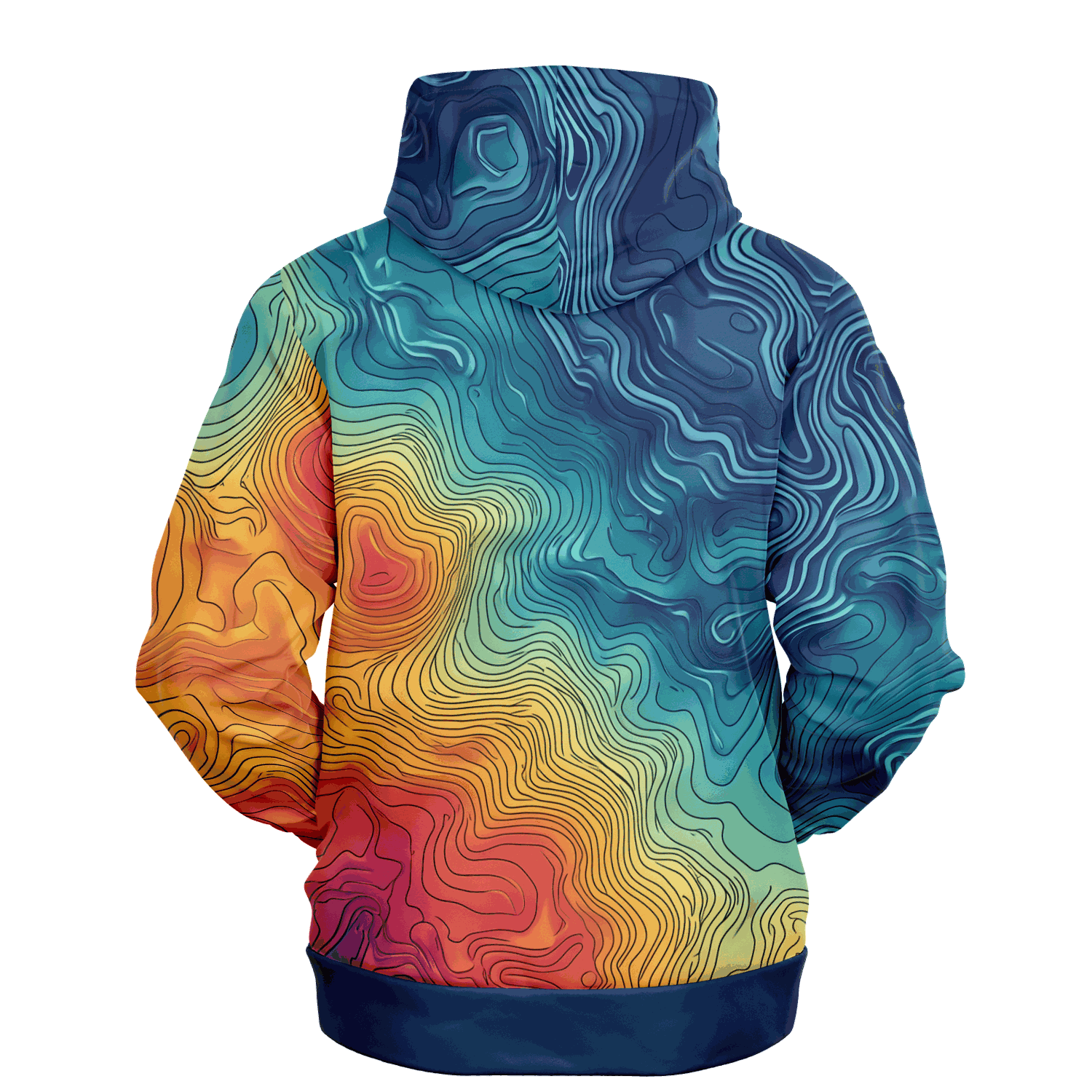 The Depth Explorer Pull Over Hoodie - Tri-Blend features a vibrant array of intricate, wavy line patterns in shades of blue, green, yellow, and red. These designs mimic underwater contours on a topographic map, giving the garment a textured and flowing look throughout. The ensemble includes the hood up and hands tucked into the front pocket.
