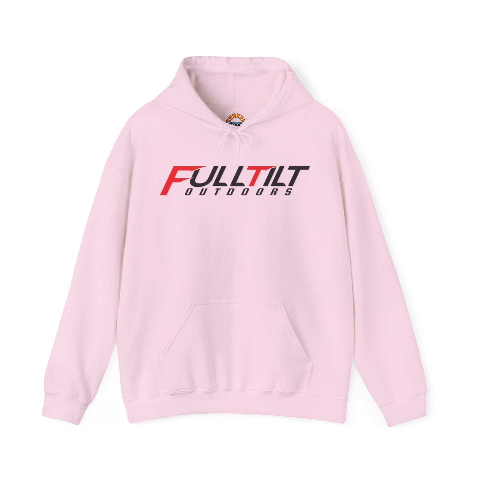 Gray Full Tilt Outdoors - Angry Eagle - Cotton/Poly Blend Hoodie with "fulltilt outdoors" printed in black and red letters on the front, featuring a drawstring hood and a plain back.