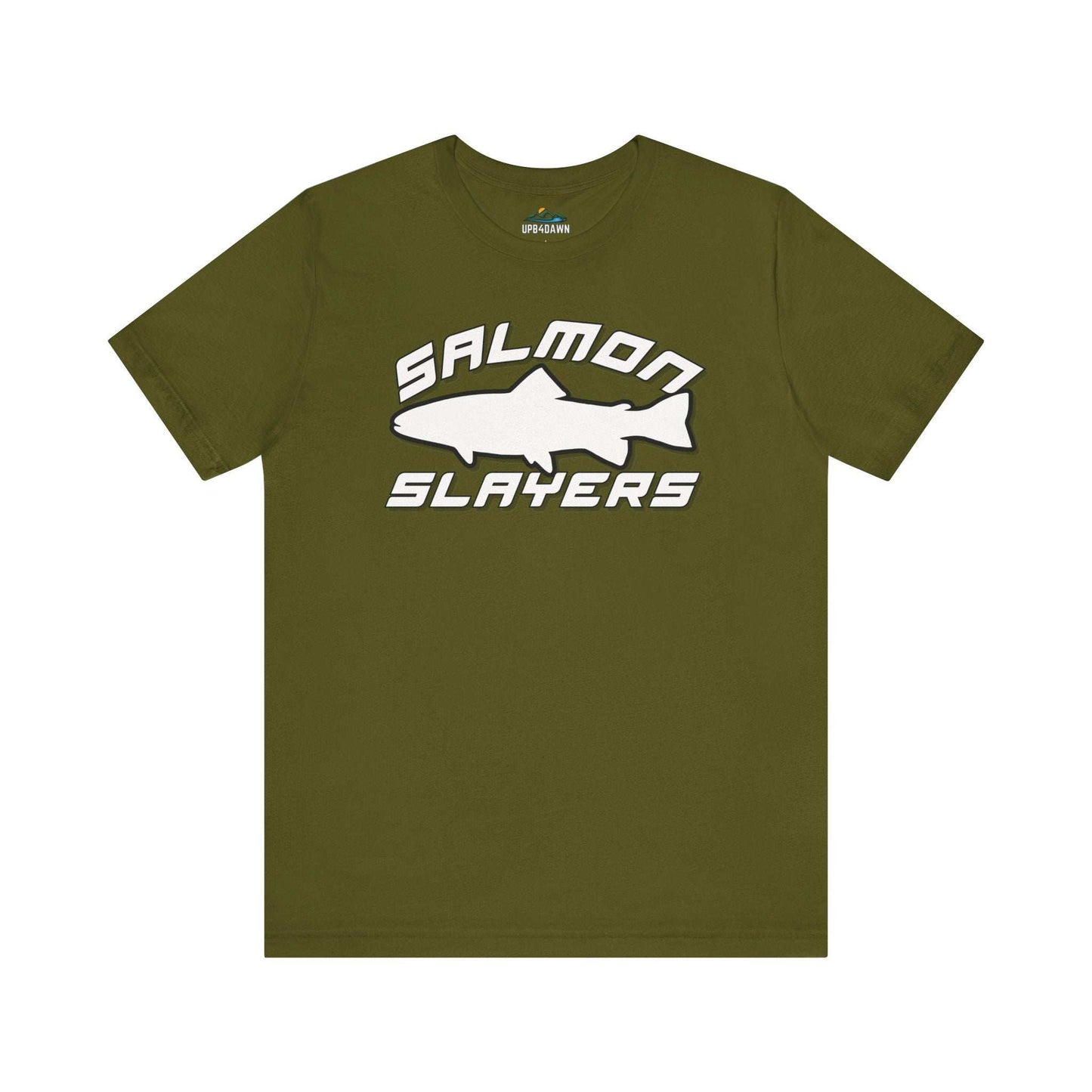 The Slamon Slayers - Sport - T-Shirt boasts a bold graphic design with a white silhouette of a fish at the center. Made from soft Airlume cotton, it features the text "Salmon Slayers" in a sporty, block-style font above and below the fish.