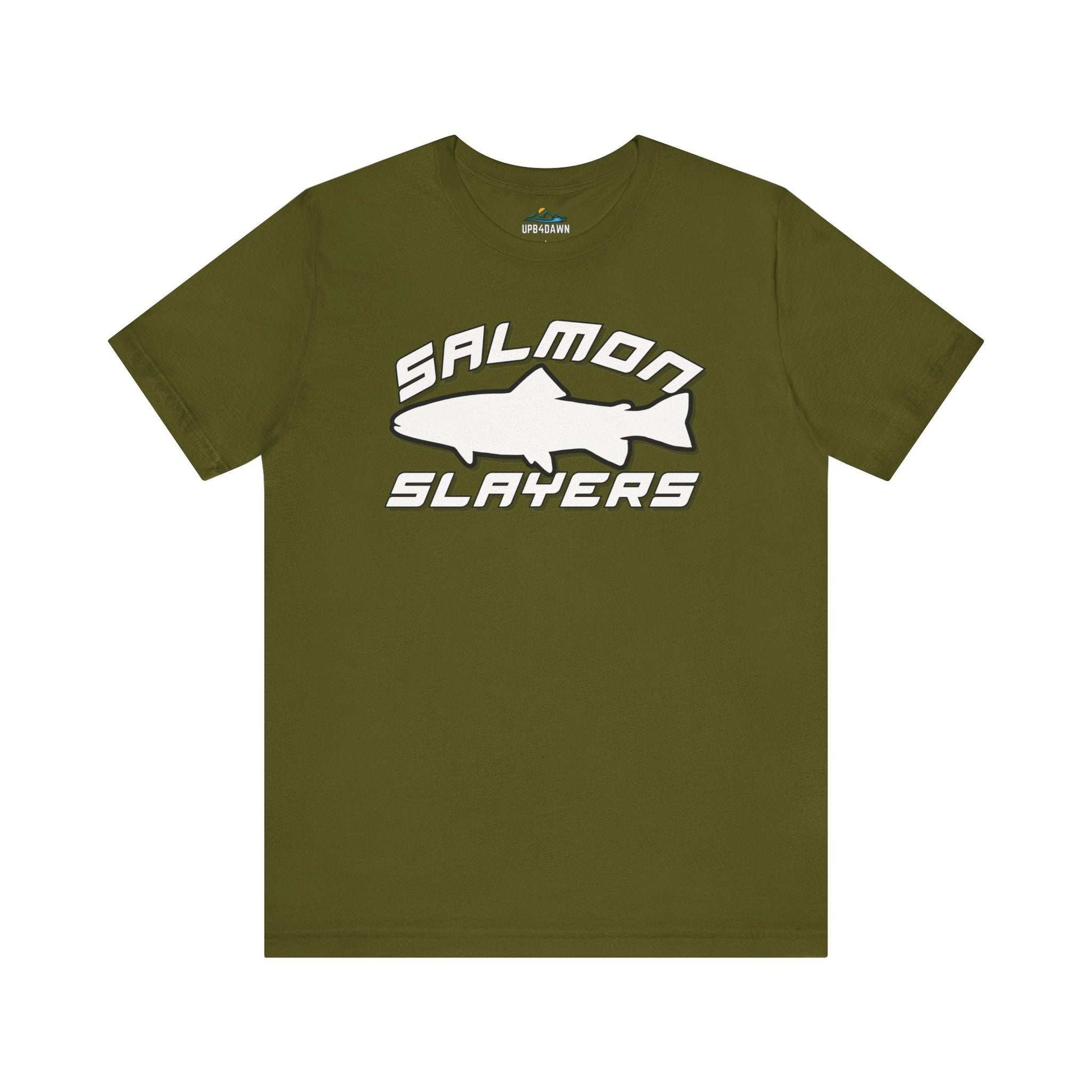 The Slamon Slayers - Sport - T-Shirt boasts a bold graphic design with a white silhouette of a fish at the center. Made from soft Airlume cotton, it features the text "Salmon Slayers" in a sporty, block-style font above and below the fish.