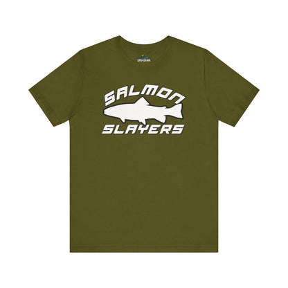 The Slamon Slayers - Sport - T-Shirt boasts a bold graphic design with a white silhouette of a fish at the center. Made from soft Airlume cotton, it features the text "Salmon Slayers" in a sporty, block-style font above and below the fish.