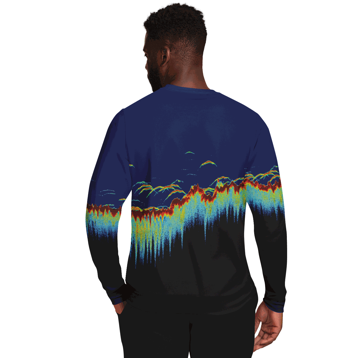 Sonar Scan Sweatshirt with vibrant sonar screen pattern and tri-blend fabric, ideal for fishing.