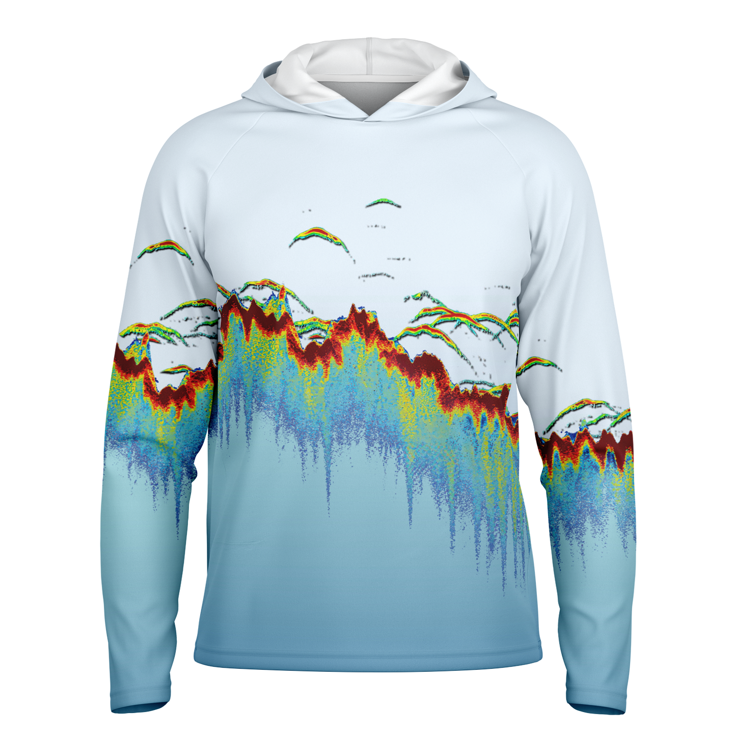 Angry Walleye - Men's Sonar Scan Light Blue LS Hooded Sun Protection Performance Shirt