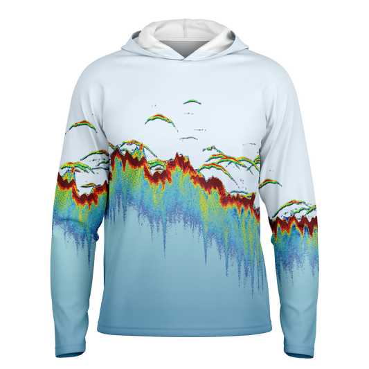 Angry Walleye - Men's Sonar Scan Light Blue LS Hooded Sun Protection Performance Shirt