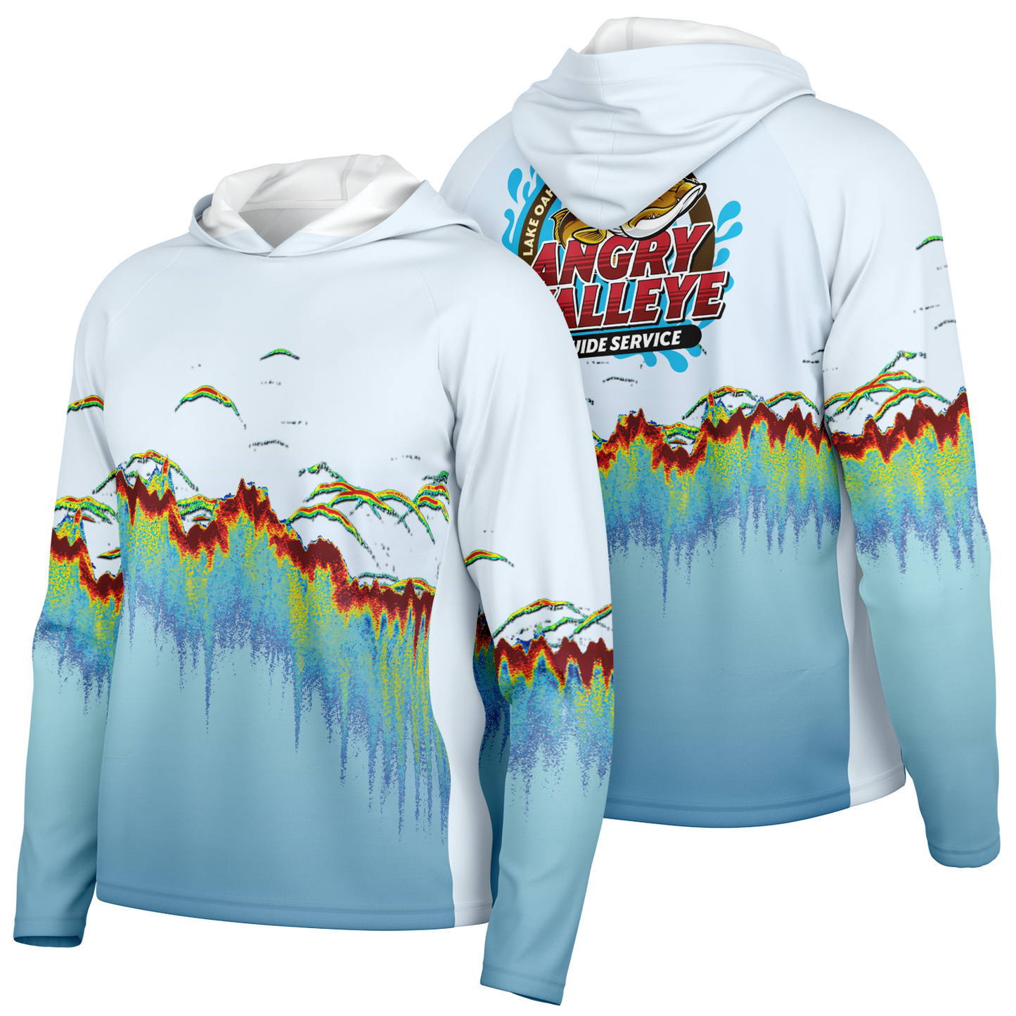 Angry Walleye - Men's Sonar Scan Light Blue LS Hooded Sun Protection Performance Shirt