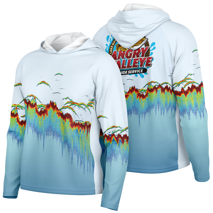 Angry Walleye - Men's Sonar Scan Light Blue LS Hooded Sun Protection Performance Shirt
