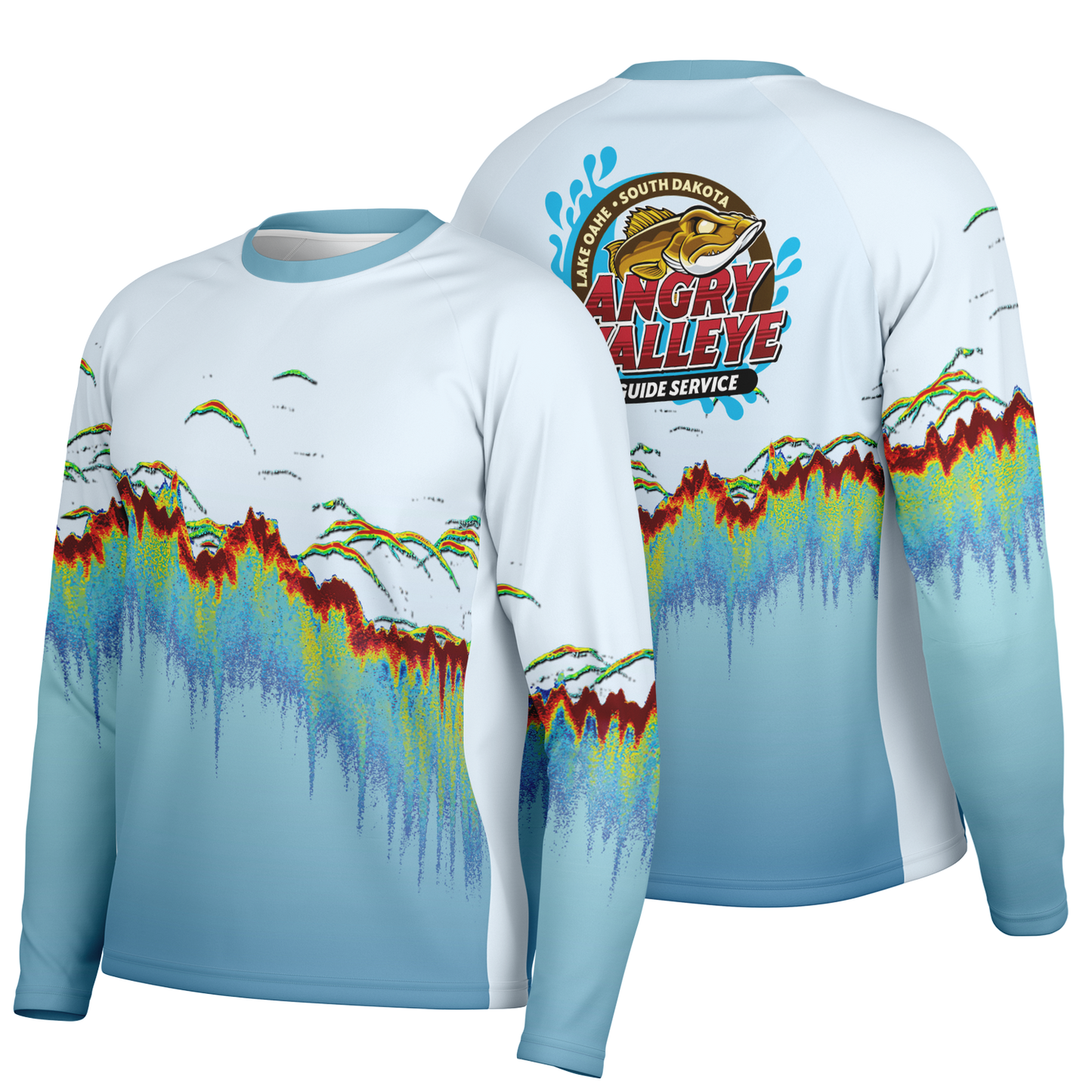 Angry Walleye - Men's Sonar Scan Light Blue LS Sun Protection Performance Shirt