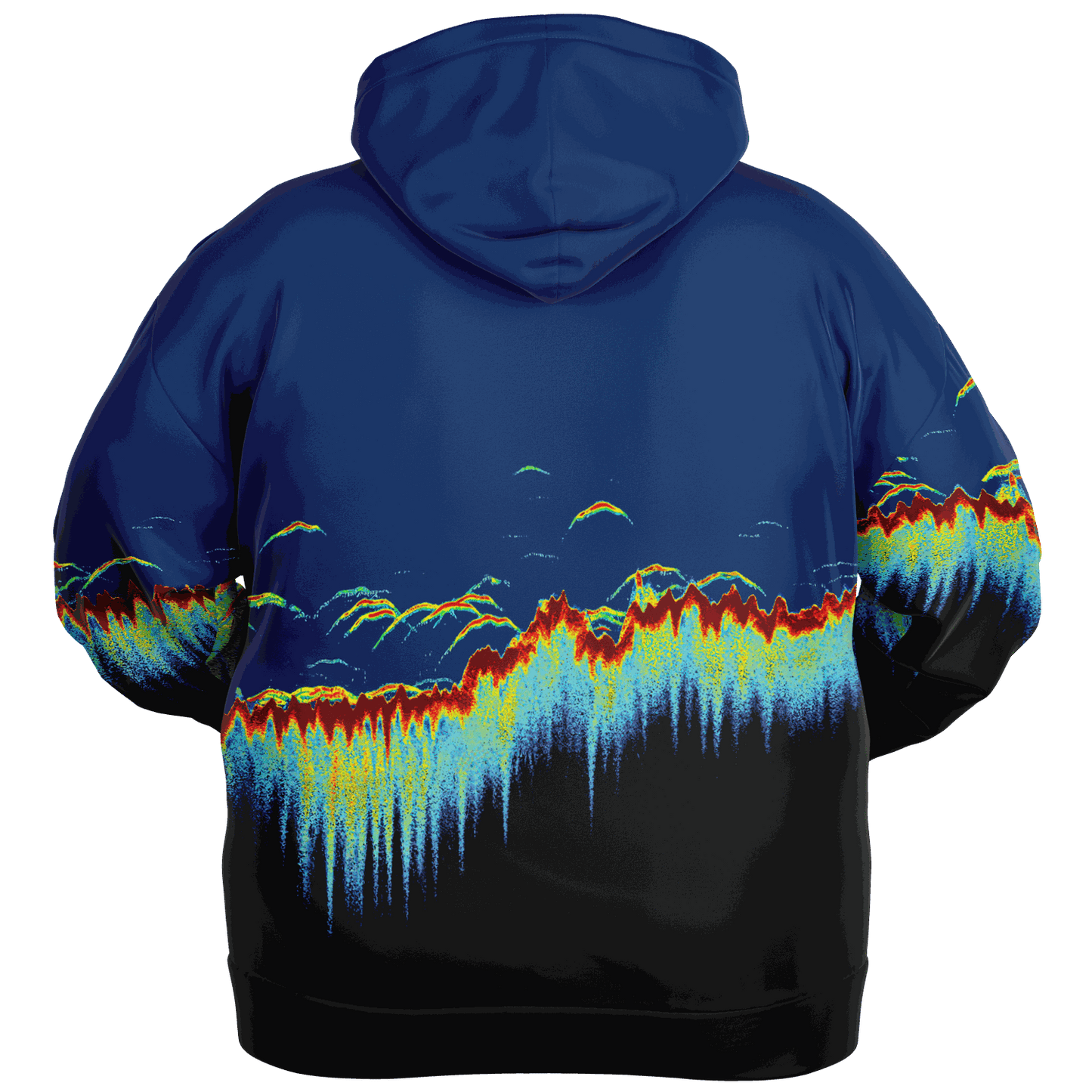 Someone wearing the Sonar Scan Plus-size Hoodie, showcasing a colorful abstract pattern reminiscent of a digital waveform or sonar scan. The vibrant mix of blue, red, yellow, and green pops against the black backdrop to create a striking soundwave-inspired visual.