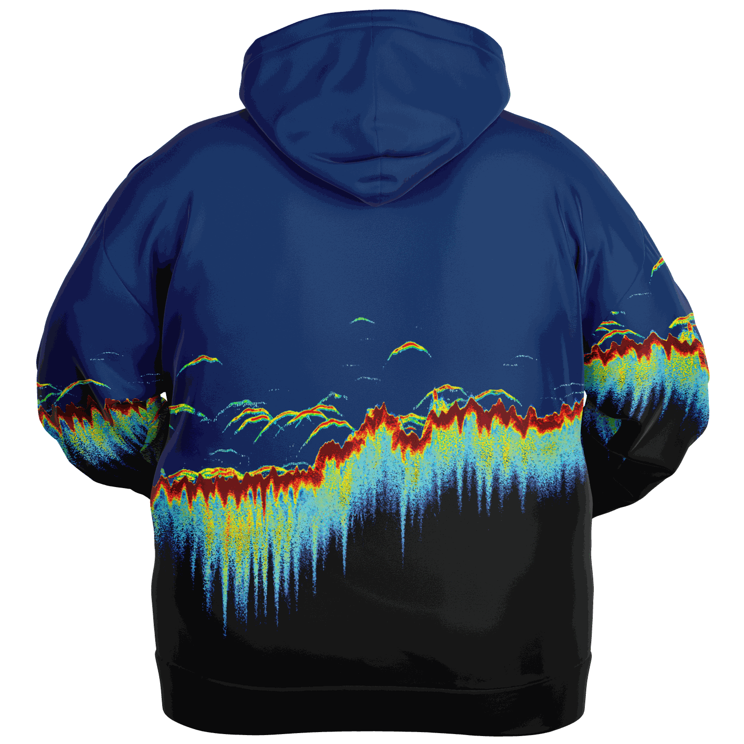 Someone wearing the Sonar Scan Plus-size Hoodie, showcasing a colorful abstract pattern reminiscent of a digital waveform or sonar scan. The vibrant mix of blue, red, yellow, and green pops against the black backdrop to create a striking soundwave-inspired visual.