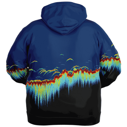 Someone wearing the Sonar Scan Plus-size Hoodie, showcasing a colorful abstract pattern reminiscent of a digital waveform or sonar scan. The vibrant mix of blue, red, yellow, and green pops against the black backdrop to create a striking soundwave-inspired visual.
