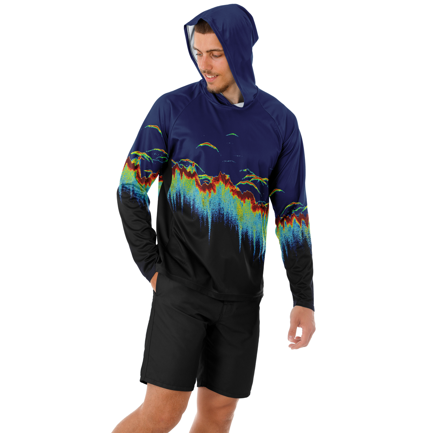 Angry Walleye - Sonar Scan Men's Long Sleeve Hooded Sun Protection Performance Shirt