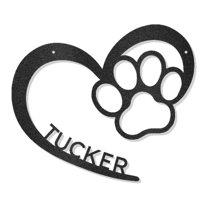 Customizable laser-cut steel sign featuring a heart and dog paw design with monogram space.