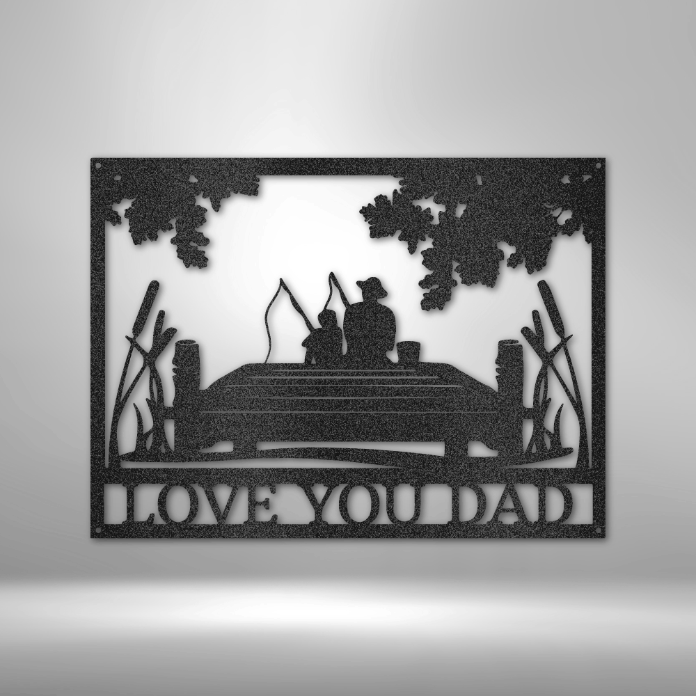 Customizable laser-cut steel sign depicting a father and son fishing from a dock; perfect for celebrating lifelong bonds and fishing adventures.