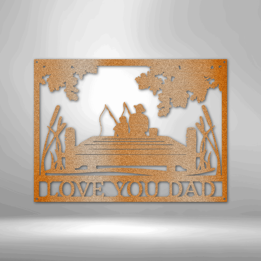 Customizable laser-cut steel sign depicting father and son fishing on dock, "Fishing Buddies Monogram."