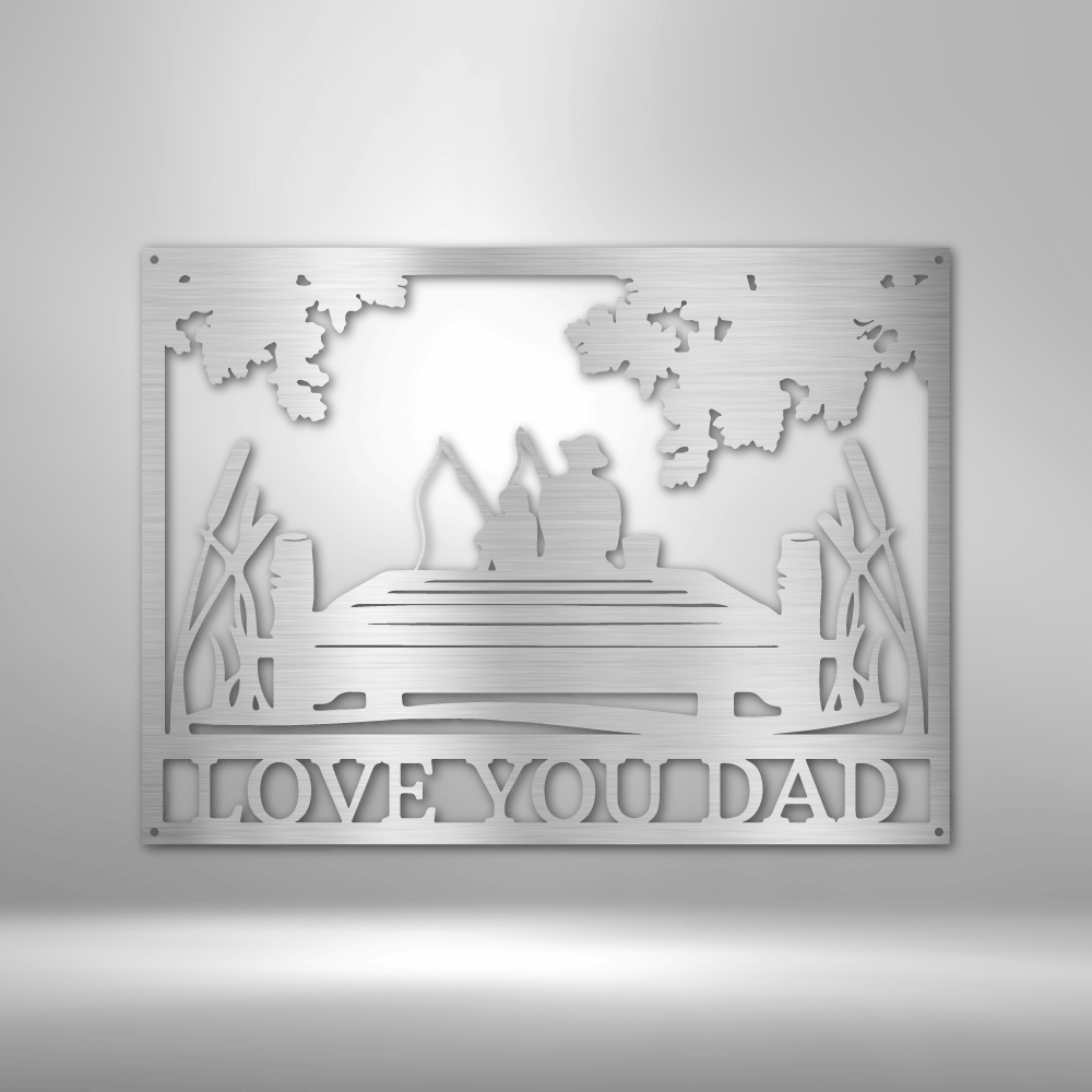 Customizable laser-cut steel sign with father and son fishing off a dock, featuring Fishing Buddies monogram.