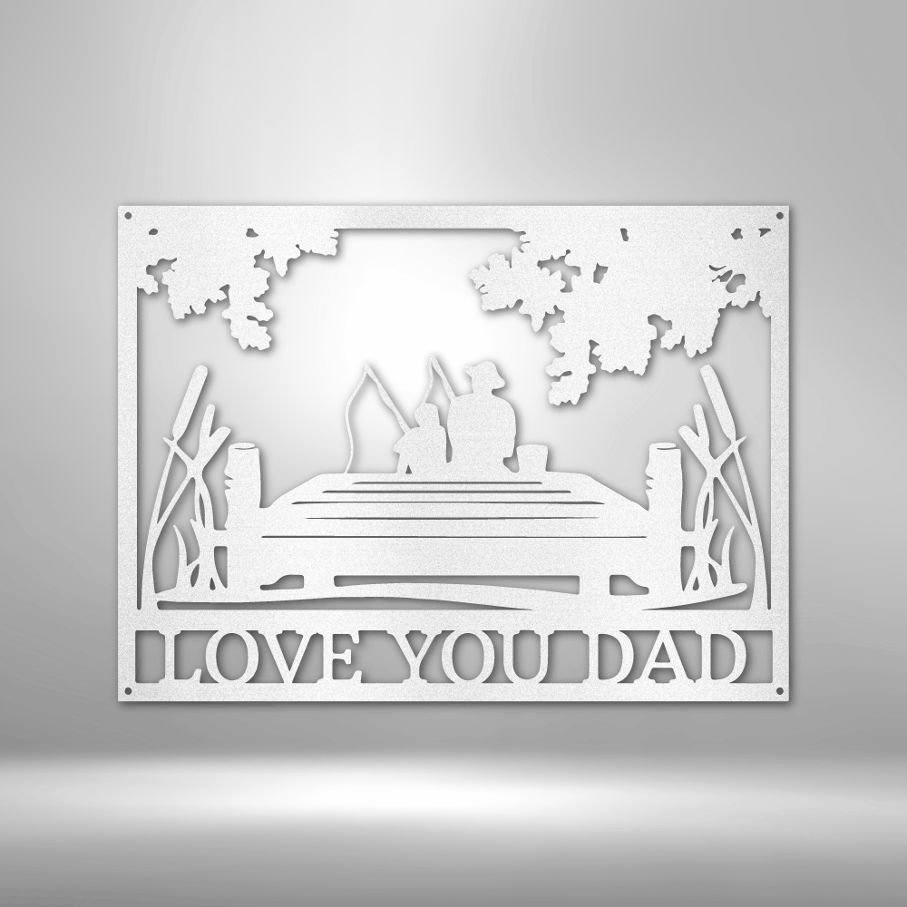 Customizable Fishing Buddies Monogram Laser-Cut Steel Sign featuring father and son fishing scene.